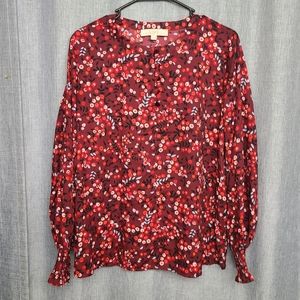 Loft berry cherry print top/blouse long-sleeve velvet buttons sz M